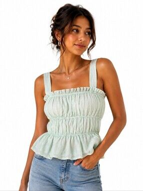 Mint Green Silver Stripe Summer Smocked Peplum Tank Top Babydoll Ruffle Cami M